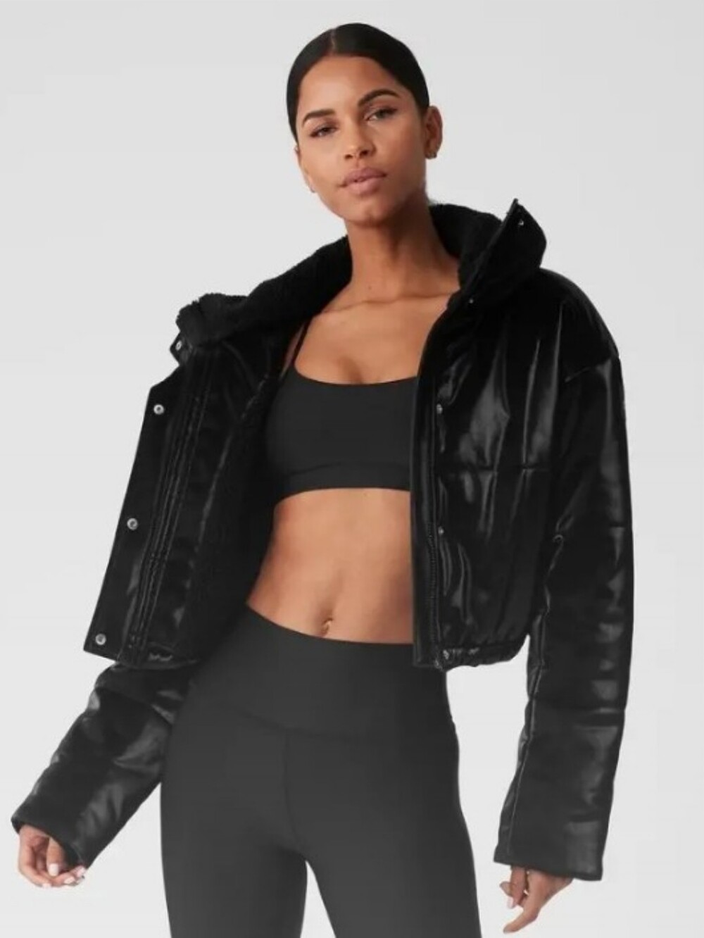 ALO Yoga Orion Black Cropped Puffer Jacket with Leather-Look Finish